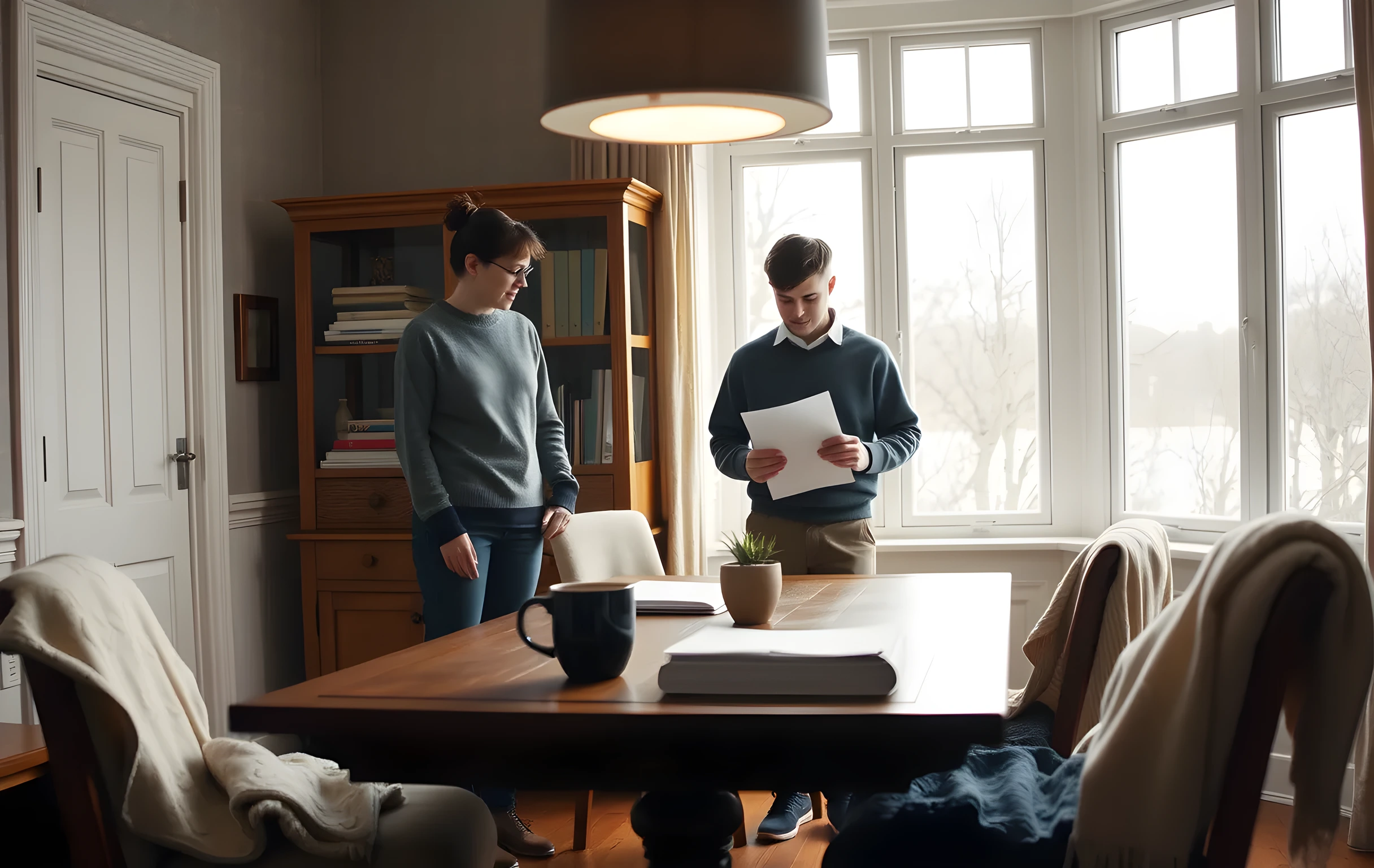 A cozy dining room table near a bay window, where a parent and student stand at a medium distance reviewing a large sketchbook and a stack of cream envelopes, with warm lamplight reflecting off a ceramic mug and soft wool blankets draped over nearby chairs