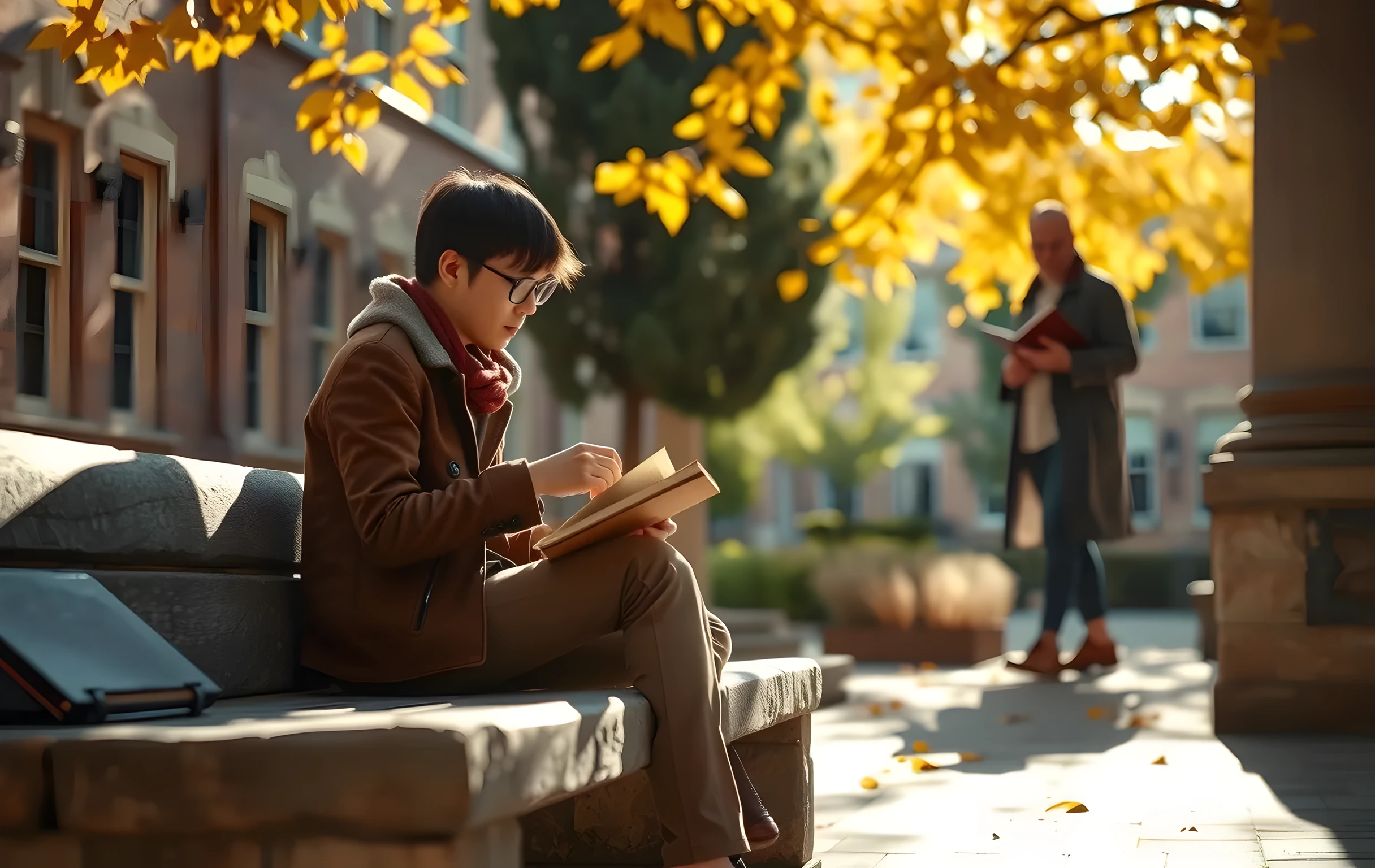 A sunlit campus courtyard in autumn, where a student sits on a stone bench reading a leather-bound journal while a professor stands nearby holding a stack of leather-bound volumes, viewed from a medium distance under a canopy of amber leaves