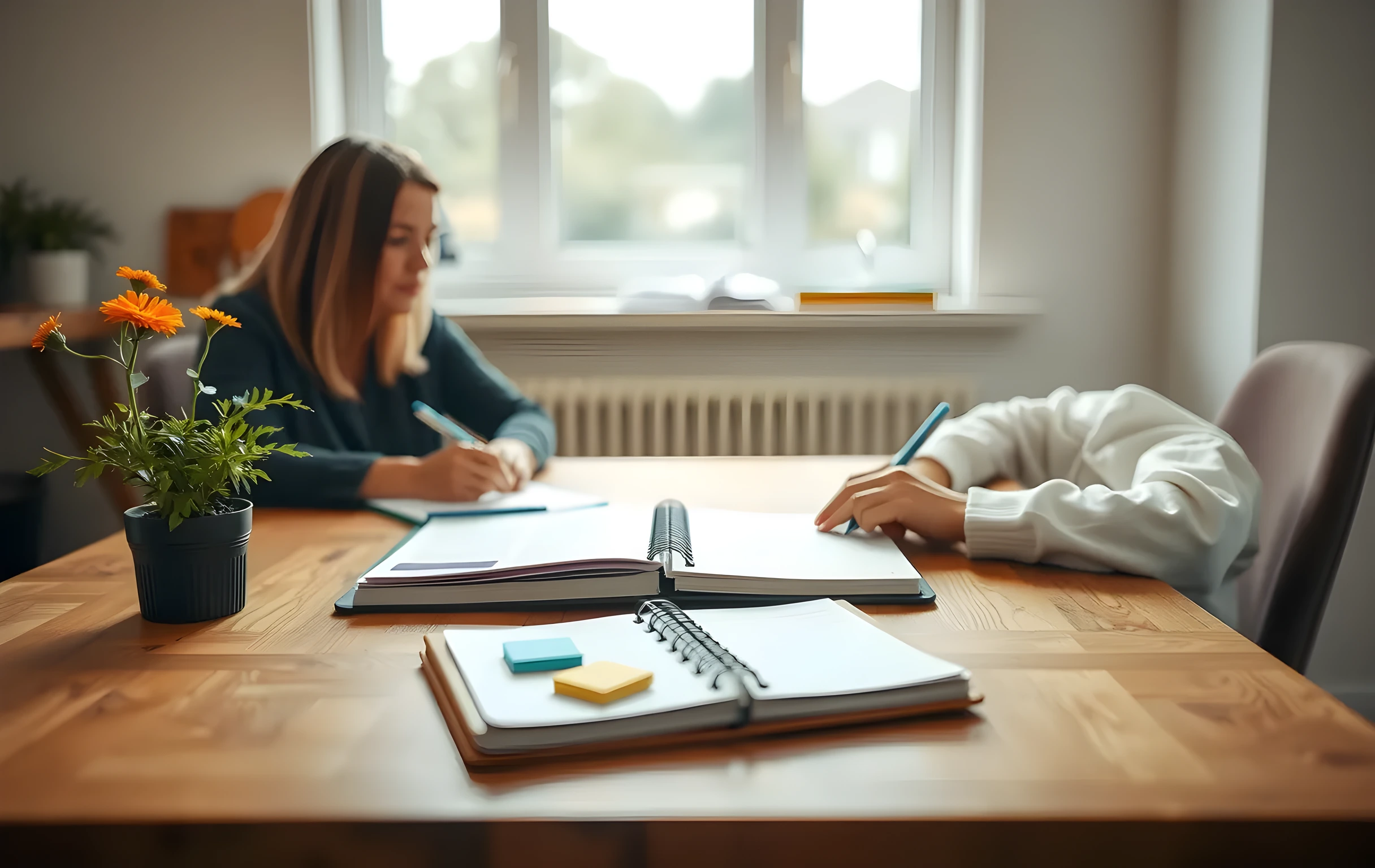 A quiet kitchen table bathed in morning light, where a parent and student sit side by side organizing colorful sticky notes and a leather planner, seen from a slightly wider angle that captures the warm wooden surface and a potted herb plant