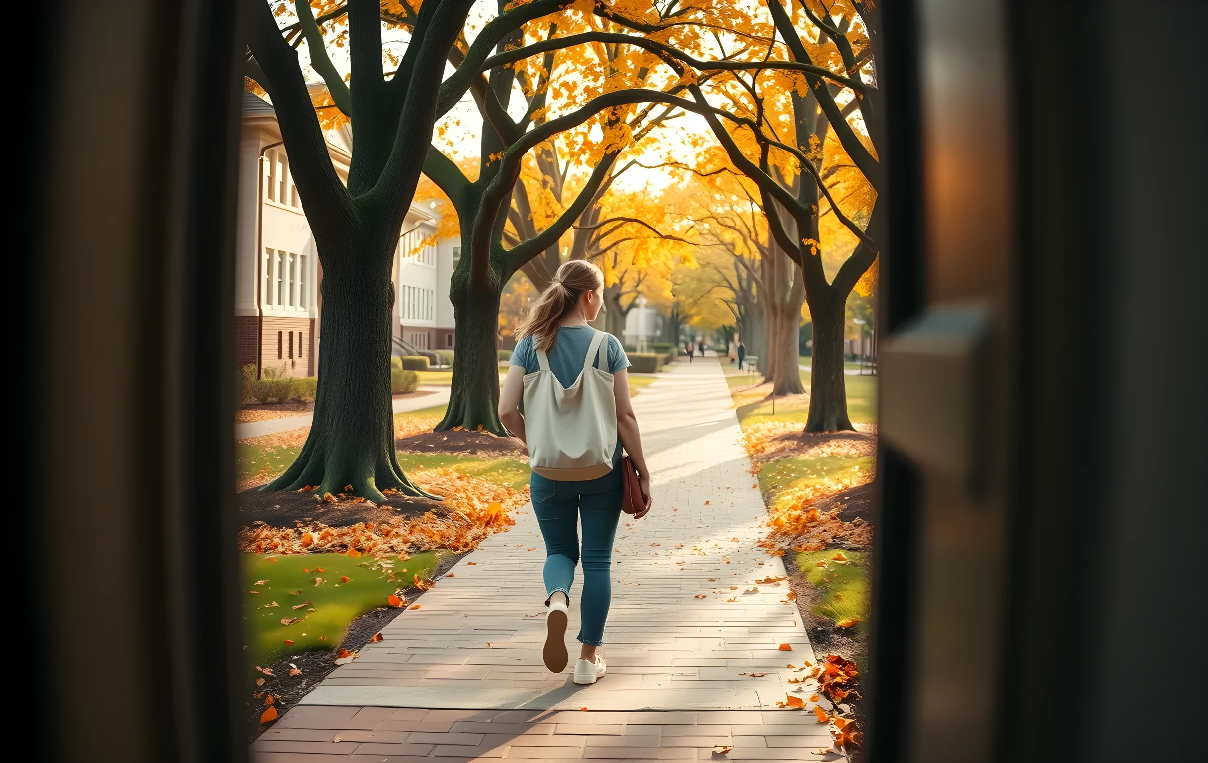 A sunlit campus courtyard in late autumn, where a student walks along a brick pathway surrounded by tall oak trees dropping leaves, carrying a canvas tote bag and a leather journal tucked under their arm