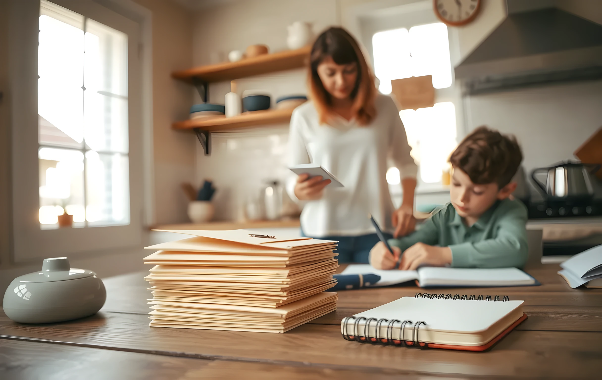 A cozy home kitchen table bathed in afternoon light, where a parent stands in the background organizing a stack of cream-colored envelopes and wax seals while a teenager sits nearby sketching in a spiral notebook