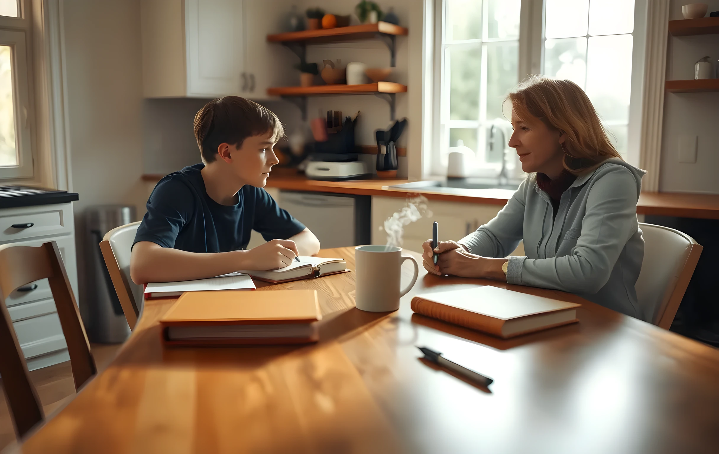 A sunlit kitchen where a high school student sits across from a parent, both surrounded by neatly organized notebooks and a steaming mug, captured from a medium distance that emphasizes the quiet collaboration and warm wooden table surface