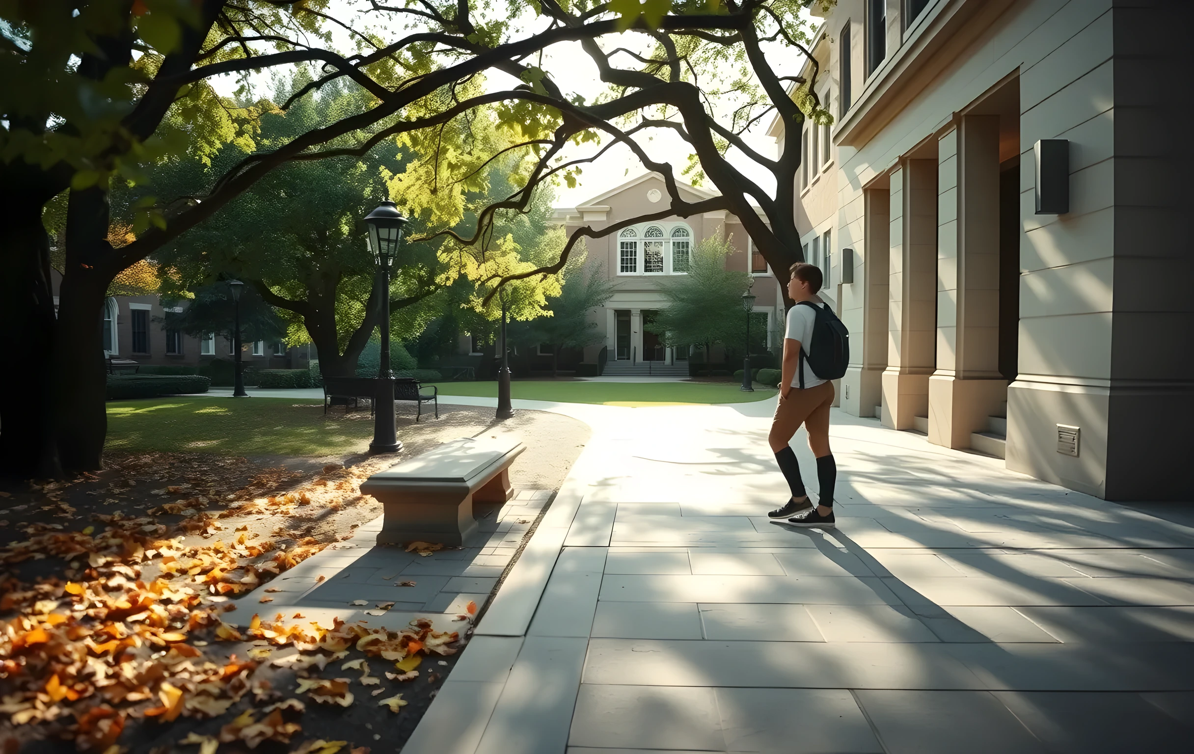 A quiet campus courtyard in late afternoon, where a student stands near a stone bench looking toward the library entrance, with dappled light filtering through mature oak branches and fallen autumn leaves scattered across the paved walkway
