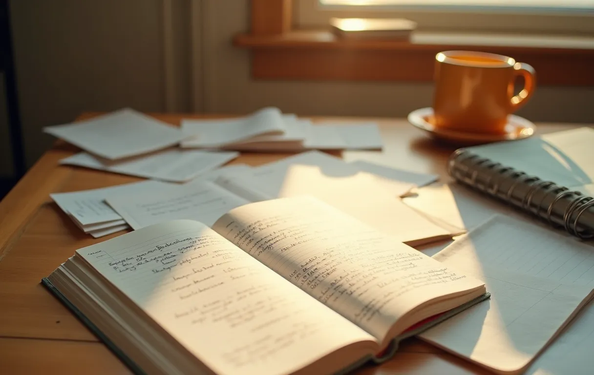 A sunlit desk with scattered index cards, a warm mug, and a student quietly organizing handwritten notes with a tactile planner