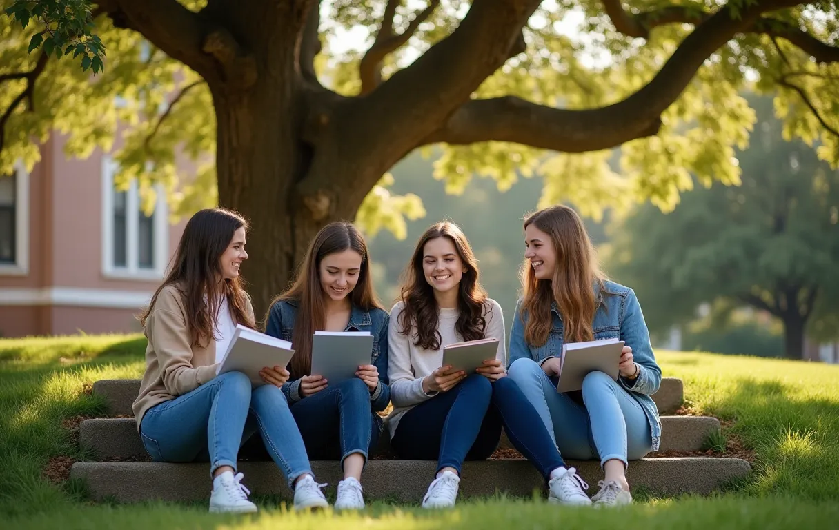A diverse group of college students sitting on grassy steps, laughing and sharing notebooks under the shade of a sprawling oak tree