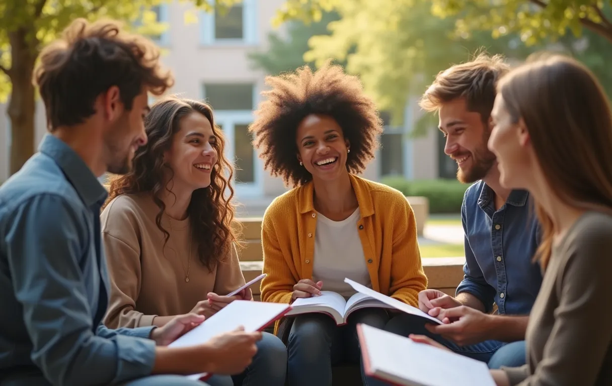 A diverse group of college-aged students sitting in a sunlit campus courtyard, laughing and reviewing notebooks together, natural daylight, candid photography style