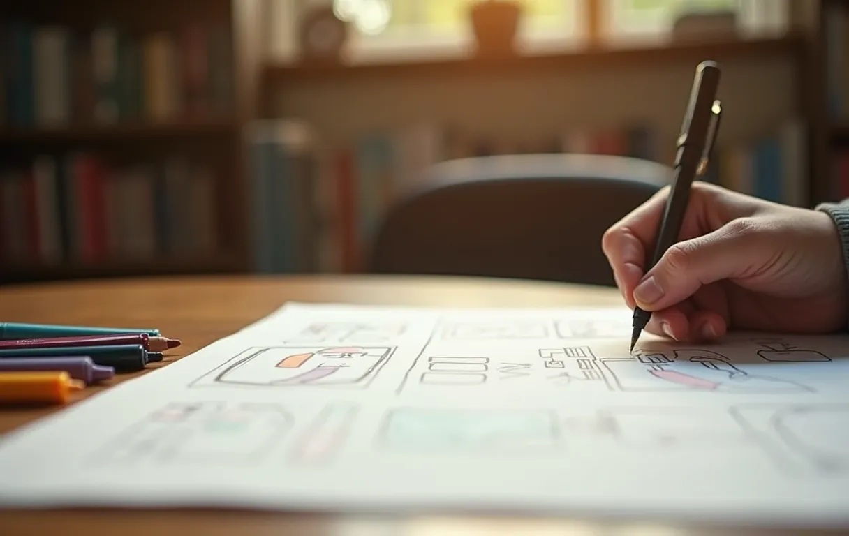 A close-up of hands sketching ideas on a large sheet of paper with colorful pens, soft focus background of a quiet library study table, warm indoor lighting