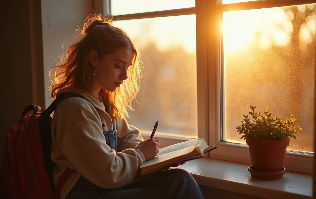 A young person journaling by a sunlit window with a travel backpack nearby