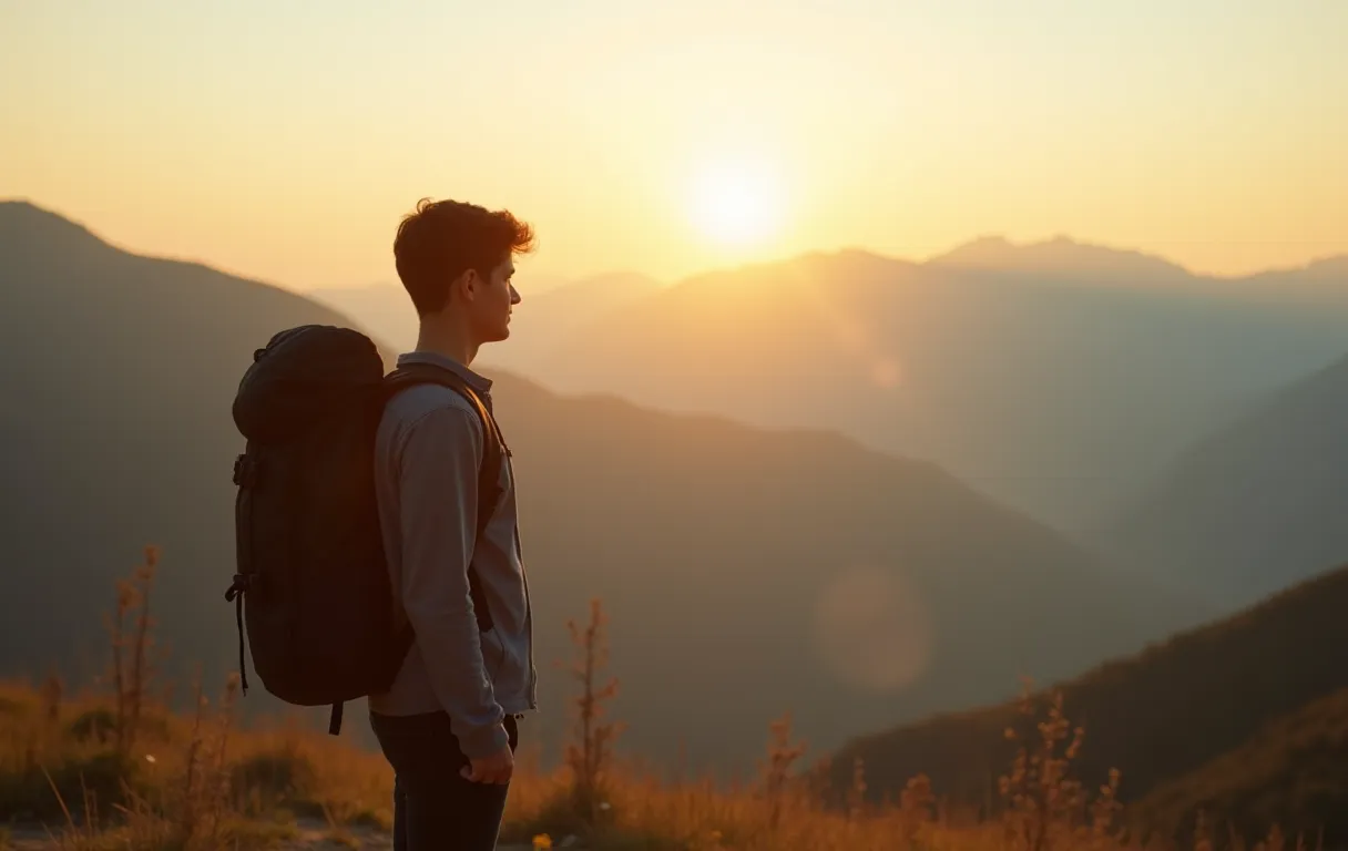 A young person standing at a scenic mountain overlook with a backpack